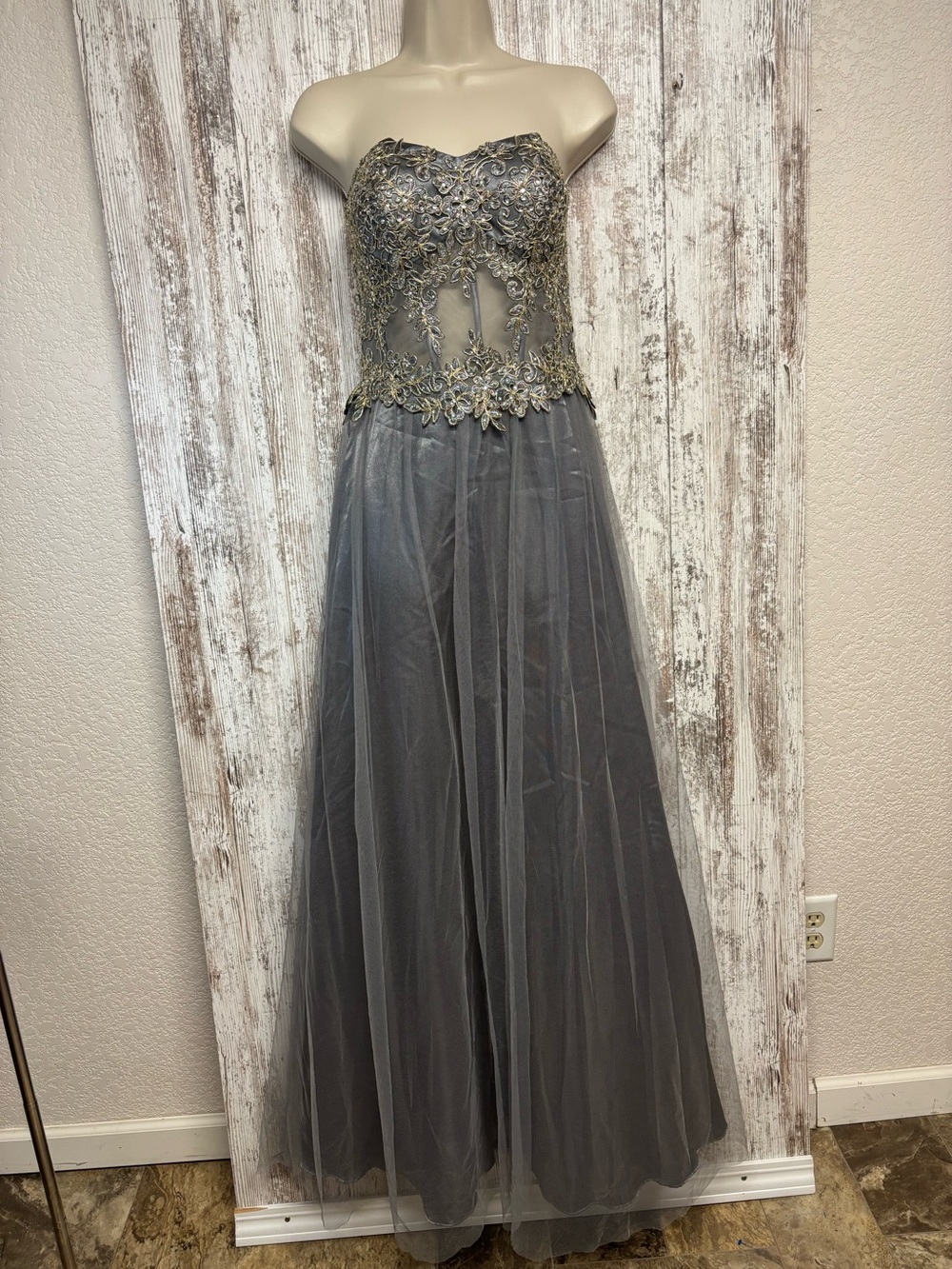 Strapless Gray Embellished Evening Dress
